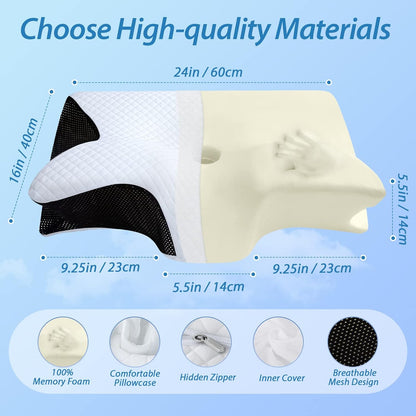 Pobualoe memory foam cervical pillow. Two-in-one ergonomic contoured orthopedic pillow to relieve neck pain