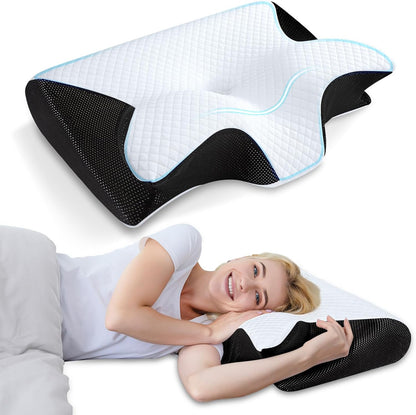 Pobualoe memory foam cervical pillow. Two-in-one ergonomic contoured orthopedic pillow to relieve neck pain