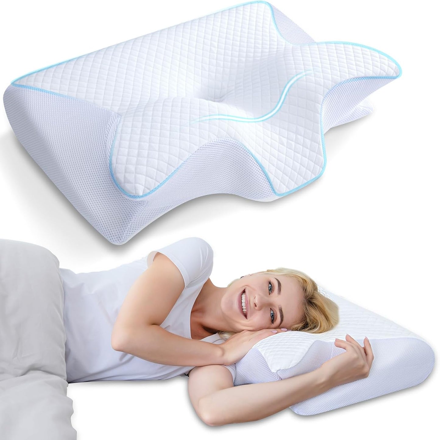 Pobualoe memory foam cervical pillow. Two-in-one ergonomic contoured orthopedic pillow to relieve neck pain