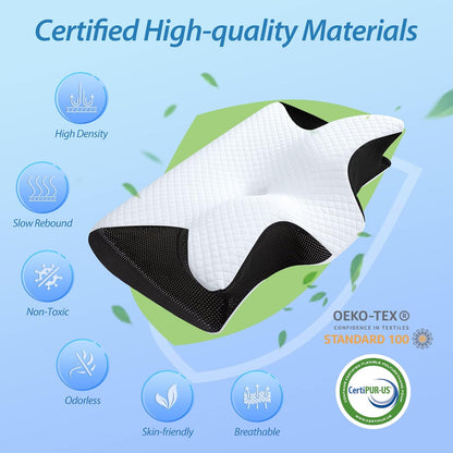 Pobualoe memory foam cervical pillow. Two-in-one ergonomic contoured orthopedic pillow to relieve neck pain