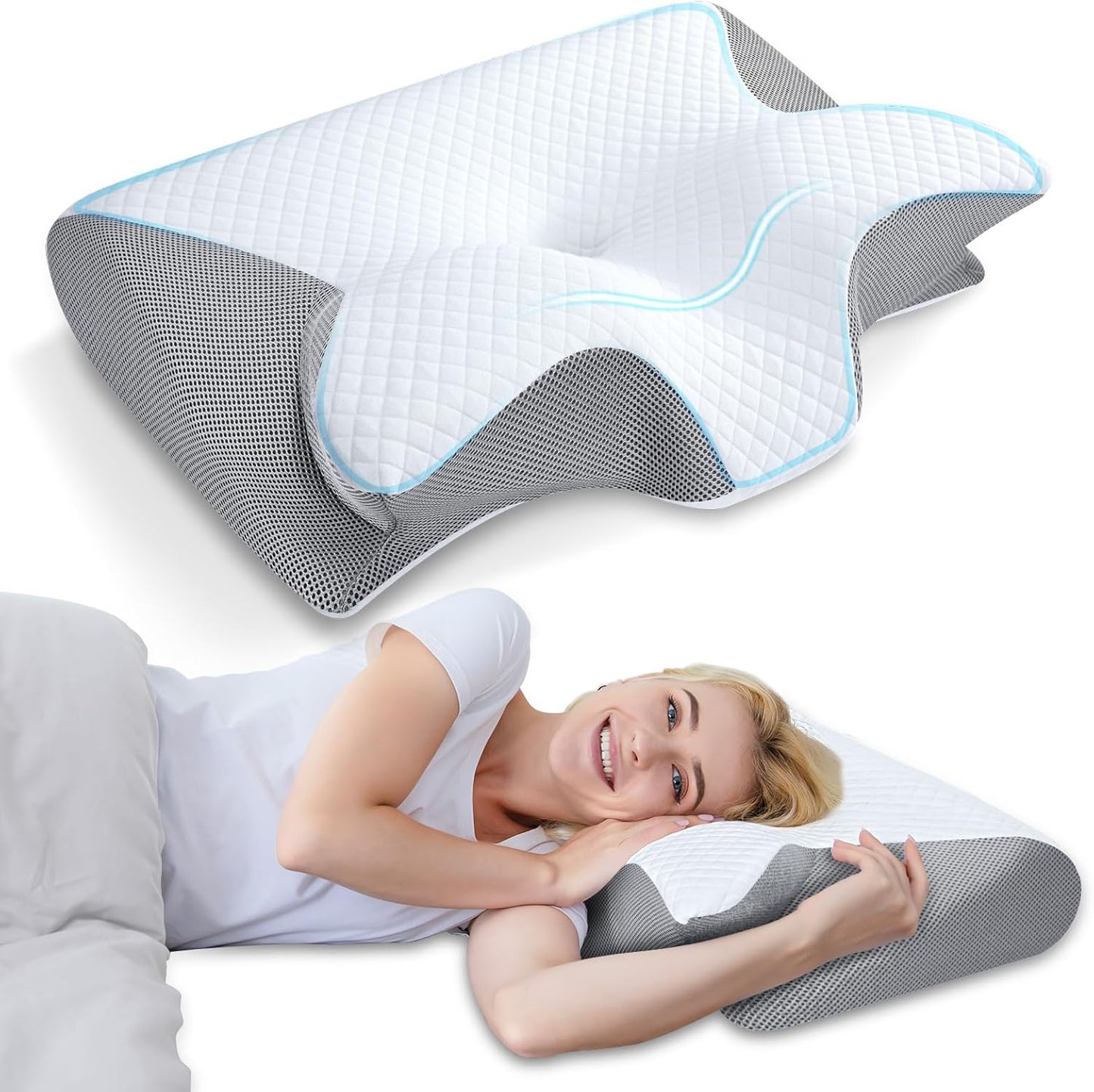 Pobualoe memory foam cervical pillow. Two-in-one ergonomic contoured orthopedic pillow to relieve neck pain