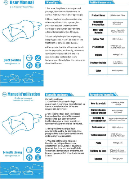 Pobualoe memory foam cervical pillow. Two-in-one ergonomic contoured orthopedic pillow to relieve neck pain
